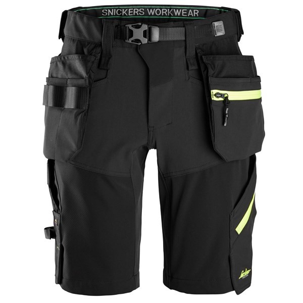 Snickers 6140, FlexiWork, Softshell-Stretchshorts+ mit Holstertaschen, black/neon yellow